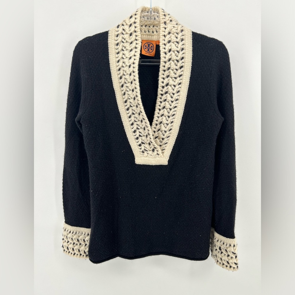 Tory Burch 100% Cashmere V-Neck Tunic Sweater Size XS Black White Trim